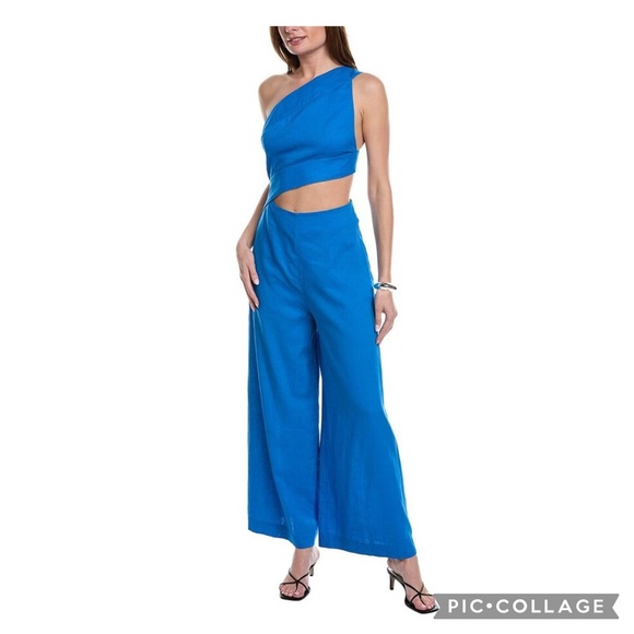 FARM Rio Blue Asymmetrical One Shoulder Linen Blend Jumpsuit Size L - Picture 3 of 16